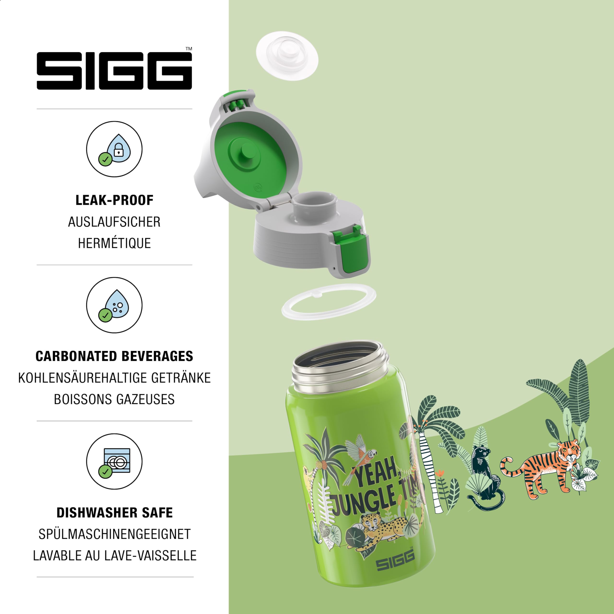 SIGG - Kids Water Bottle - Shield ONE Jungle - Leakproof - Lightweight - BPA Free - Stainless Steel - Green With Leopard - 17 Oz